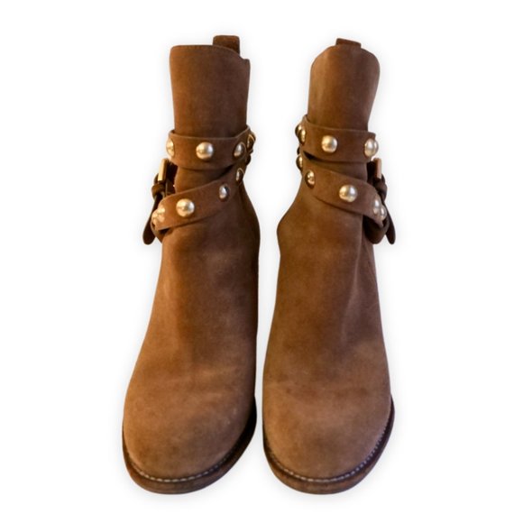 See By Chloé Light Brown Studded Suede Heeled Ankle Boots - Picture 2 of 9
